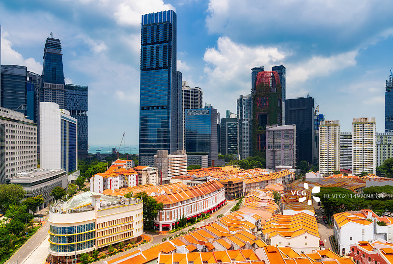 狮城，新加坡唐人街，历史街区，红色屋顶，传统风格，老建筑，店屋，组屋，航拍图片素材