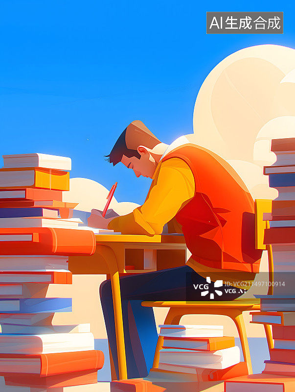 【AI数字艺术】3d卡通学生坐在书桌前写字学习插画图片素材