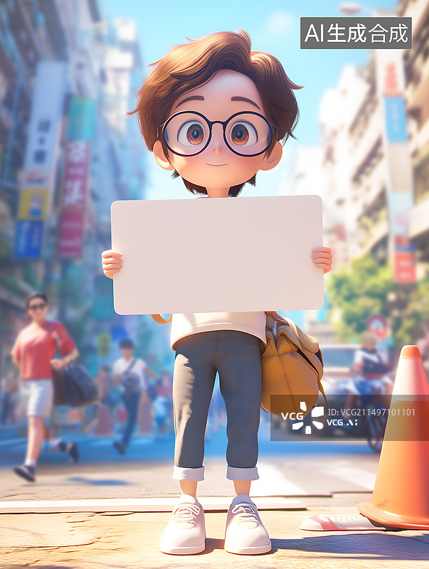 【AI数字艺术】城市街道上举着空白标语牌的年轻女子图片素材