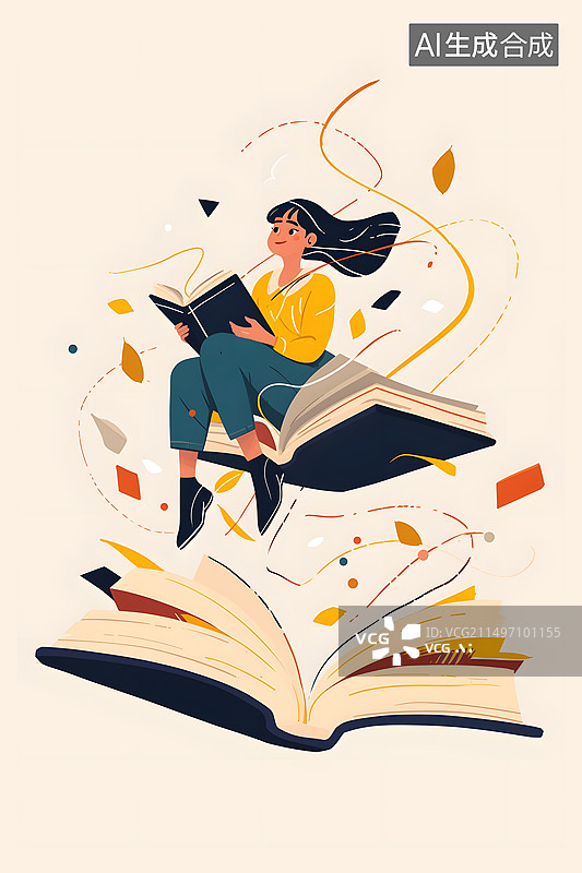 【AI数字艺术】一个女孩拿着书本在看书学习知识插画图片素材