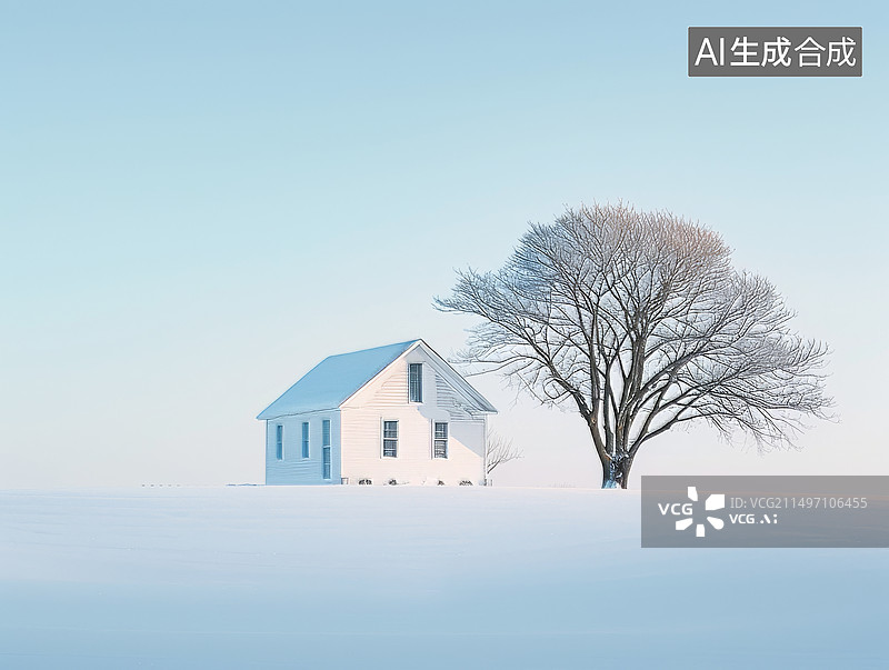 【AI数字艺术】雪地里的小房子和大树摄影图图片素材