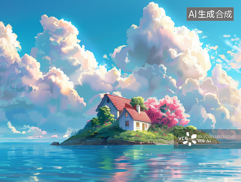 【AI数字艺术】蓝天白云大海中的小岛和小房子插画图片素材