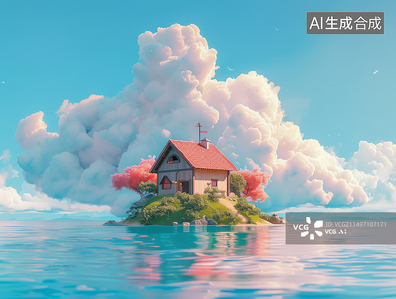 【AI数字艺术】蓝天白云大海中的小岛和小房子插画图片素材