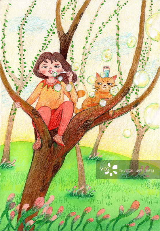 手绘插画女孩和猫图片素材