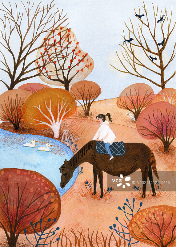 手绘插画女孩骑马图片素材