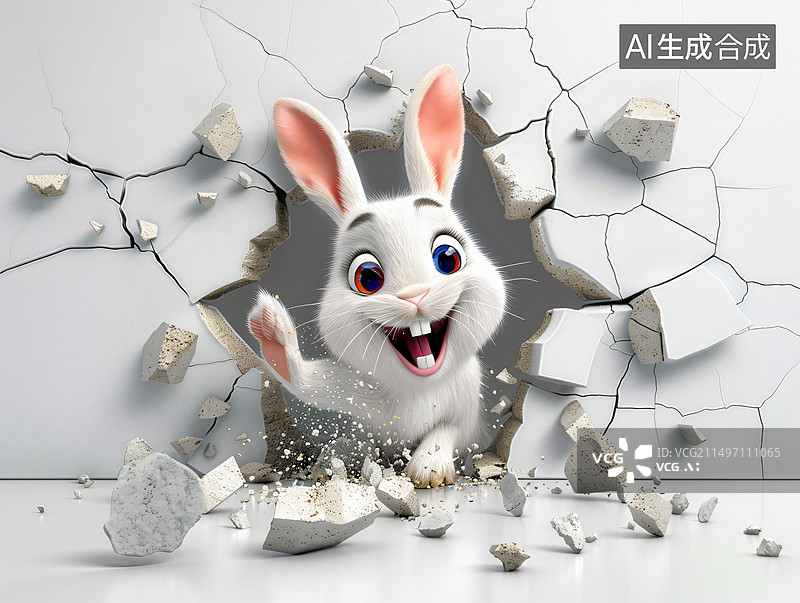 【AI数字艺术】墙壁上的3D可爱卡通兔子图片素材