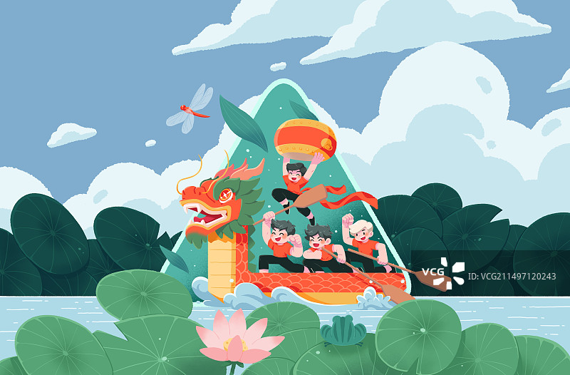 端午节插画：粽香飘扬下的荷塘龙舟图片素材