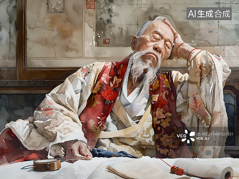 【AI数字艺术】穿古代服装休息的老中医图片素材