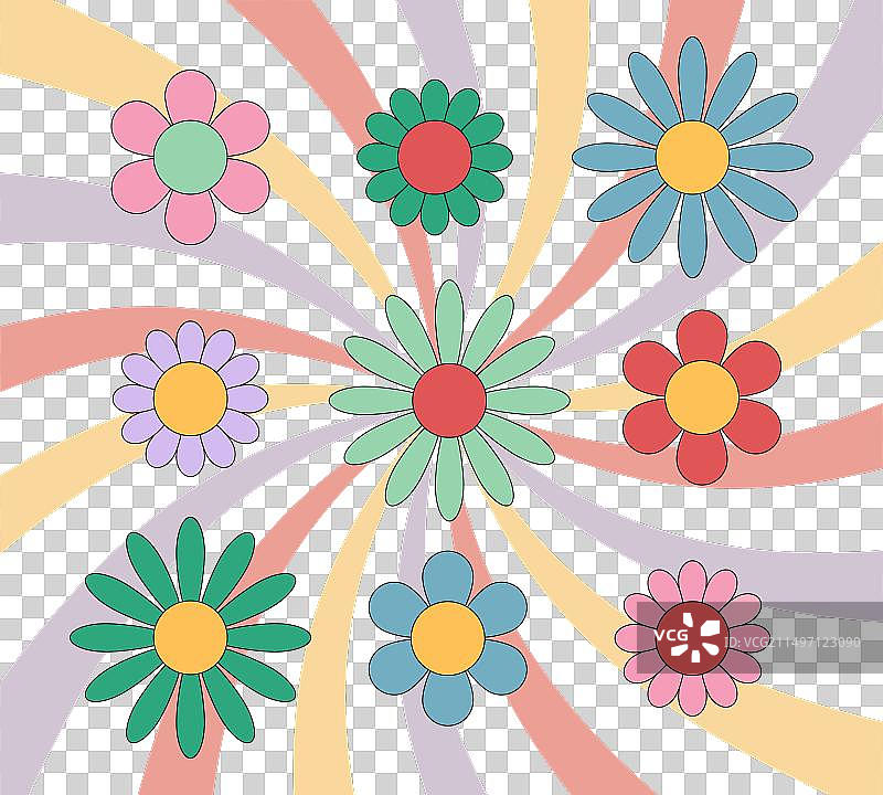 时髦的雏菊花朵彩色嬉皮复古套装图片素材