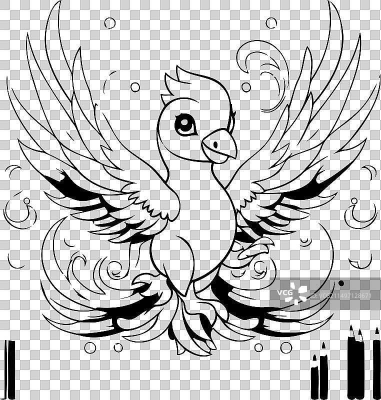 可爱的卡通鹦鹉坐在彩色云朵上图片素材