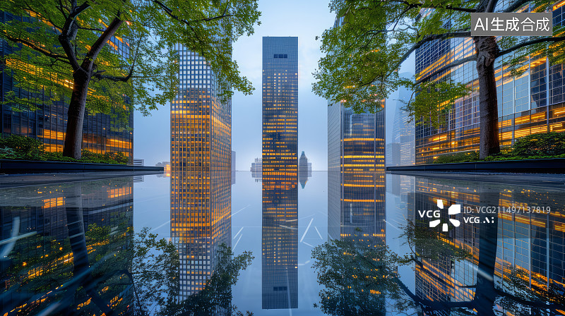 【AI数字艺术】现代城市建筑玻璃幕墙空旷广场夜景图片素材
