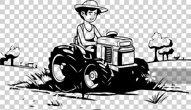 扁平风格的田野拖拉机农夫图片素材