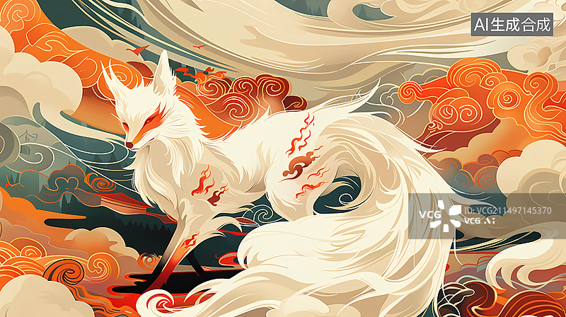 【AI数字艺术】国潮风中国神话主题插画——九尾狐图片素材
