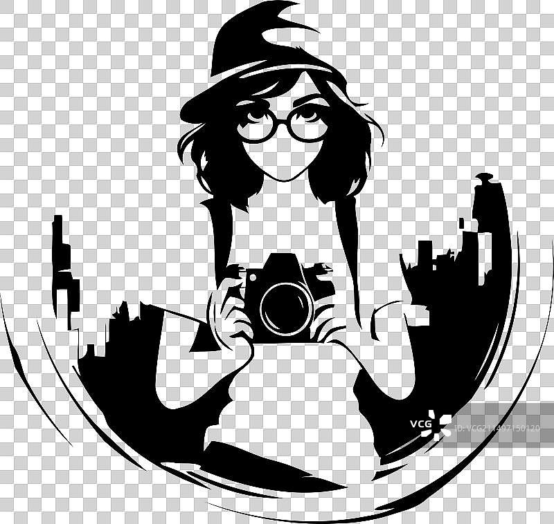 戴帽子和眼镜的女孩摄影师与相机图片素材