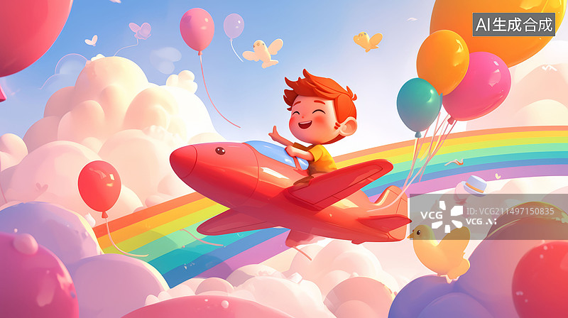 【AI数字艺术】儿童节开着小飞机的孩子卡通插画图片素材