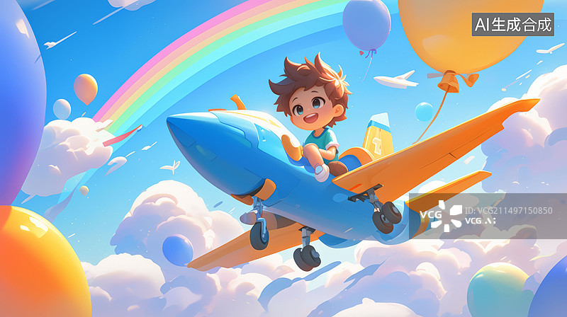 【AI数字艺术】儿童节开着小飞机的孩子卡通插画图片素材