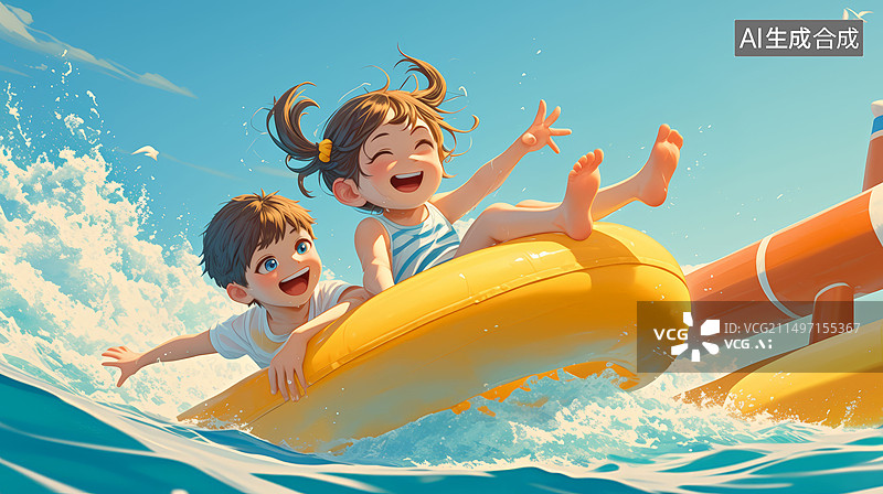 【AI数字艺术】一个小男孩和小女孩在水里冲浪卡通插画图片素材