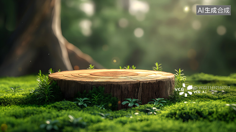 【AI数字艺术】清新自然森林草地上的木桩展台电商背景图片素材
