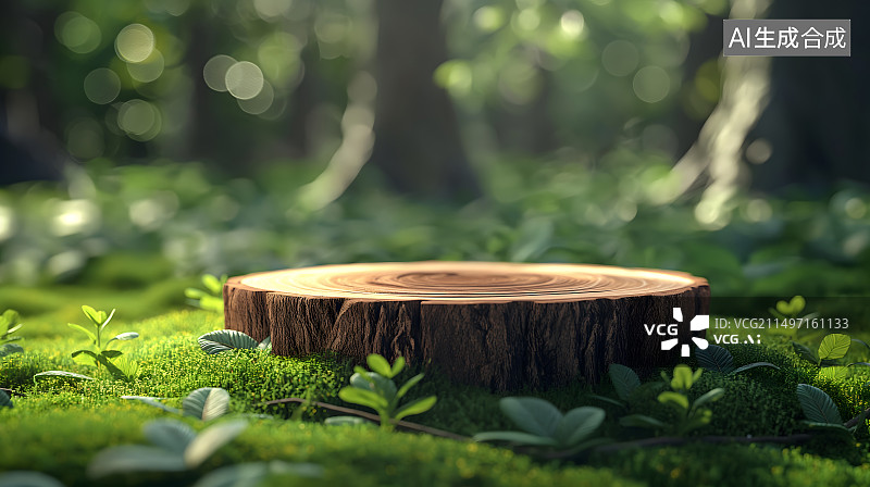 【AI数字艺术】清新自然森林草地上的木桩展台电商背景图片素材