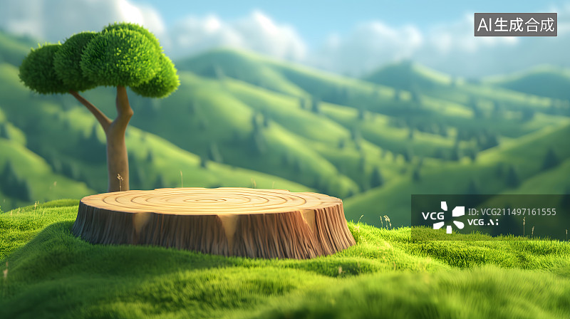 【AI数字艺术】清新自然森林草地上的木桩展台电商背景图片素材