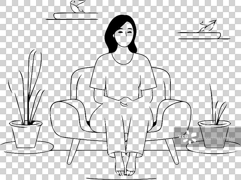 坐在家中扶手椅上的女人（扁平风格）图片素材