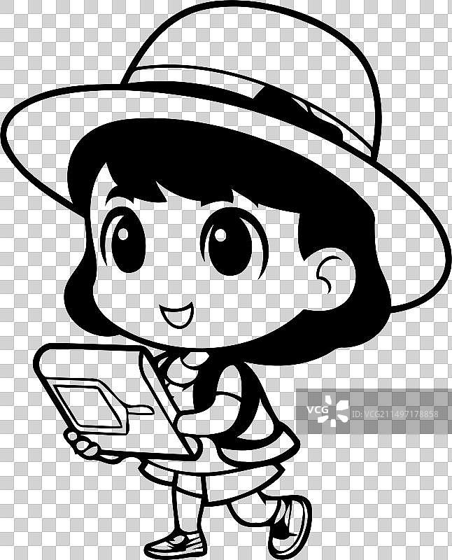 戴着狩猎帽，拿着地图的可爱小女孩图片素材