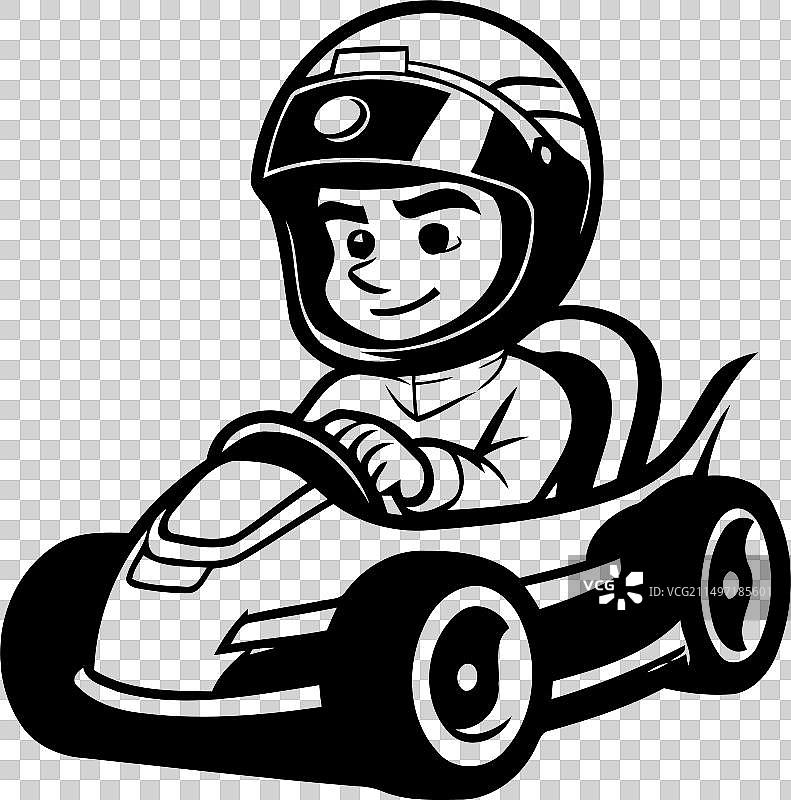 卡通男孩驾驶赛车，白色背景图片素材
