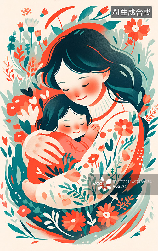 【AI数字艺术】感恩母亲节母子拥抱陪伴儿童节亲子活动插画图片素材