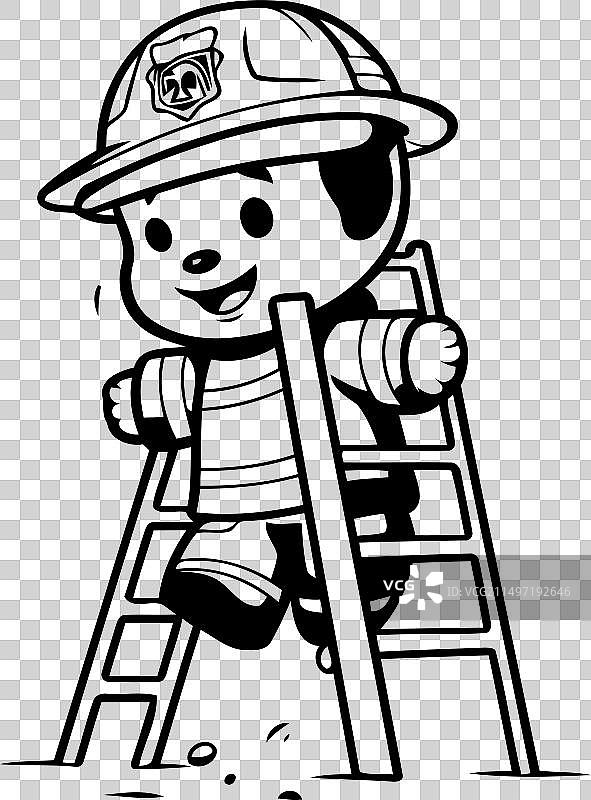 卡通消防员在梯子上灭火（白色背景）图片素材