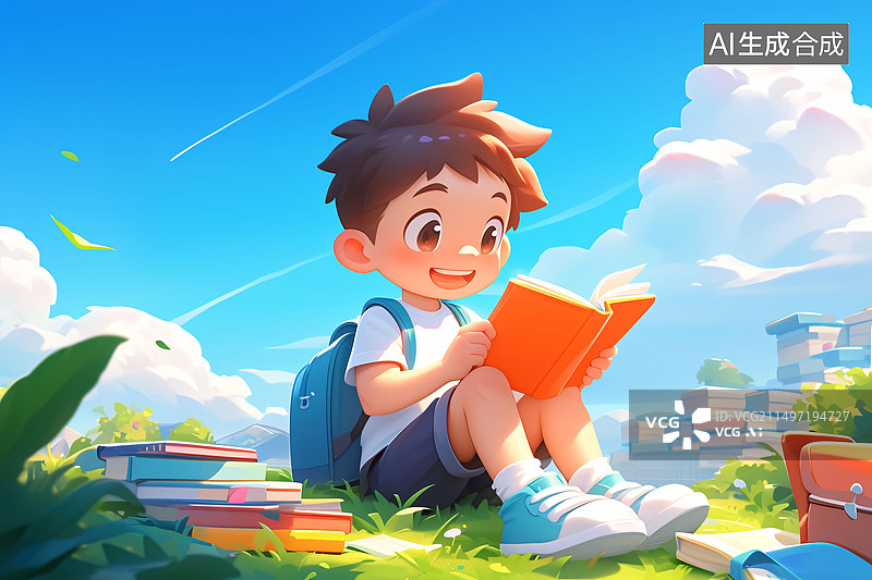 【AI数字艺术】六一儿童节少儿学生户外学习看书扁平插画图片素材