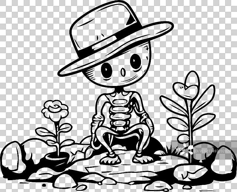 戴帽子坐在石头上拿着花的骷髅图片素材