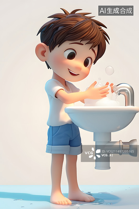 【AI数字艺术】可爱男孩在洗手3D图片素材