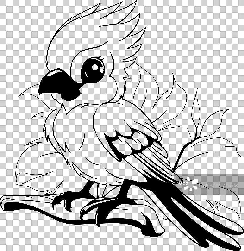 坐在树枝上的可爱蓝色鹦鹉卡通图片素材