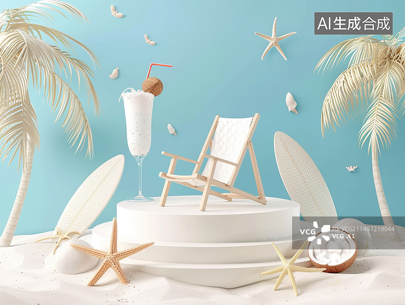 【AI数字艺术】夏日 海滩 椰子产品展台 电商图片素材