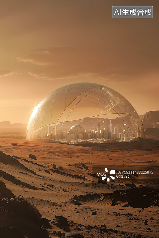 【AI数字艺术】未来火星上穹顶保护罩下的人类城市定居所图片素材
