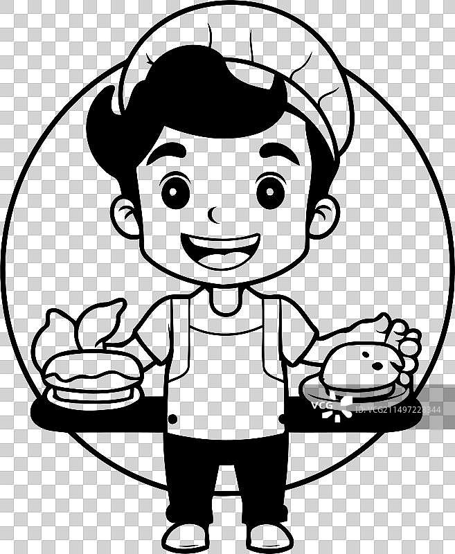 手拿面包和圆面包的卡通面包师男孩图片素材