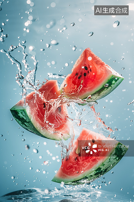 【AI数字艺术】蓝色背景下飞溅的西瓜图片素材