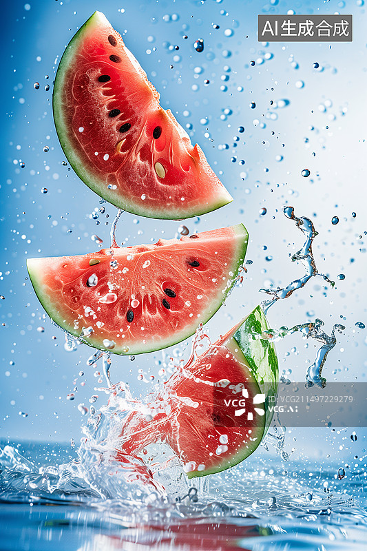 【AI数字艺术】蓝色背景下飞溅的西瓜图片素材