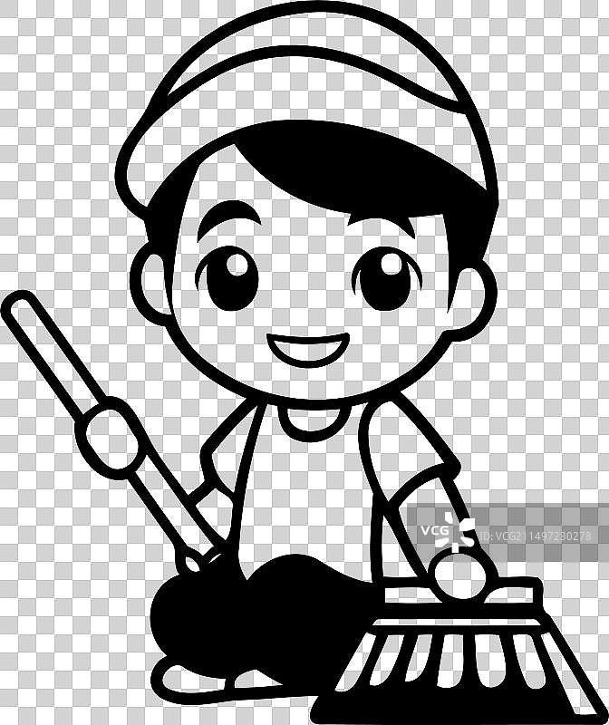 可爱的小男孩用扫帚和簸箕打扫卫生图片素材