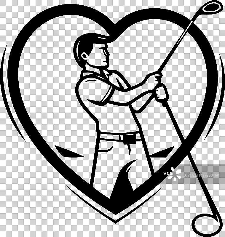 带有高尔夫球手和绿色爱心的高尔夫球杆标志图片素材