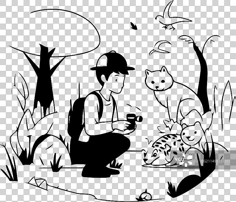 男子在丛林中钓鱼，身边有一只猫图片素材