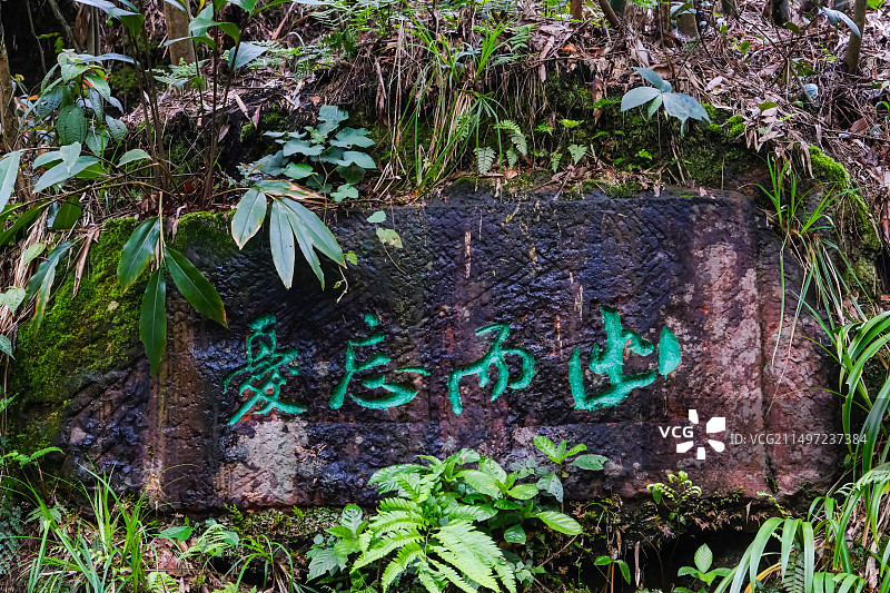 中国四川宜宾蜀南竹海忘忧谷景区，瀑布，幽谷，亭子，忘忧亭，五叠屏，忘忧谷石刻，九天瀑布，石破天惊图片素材