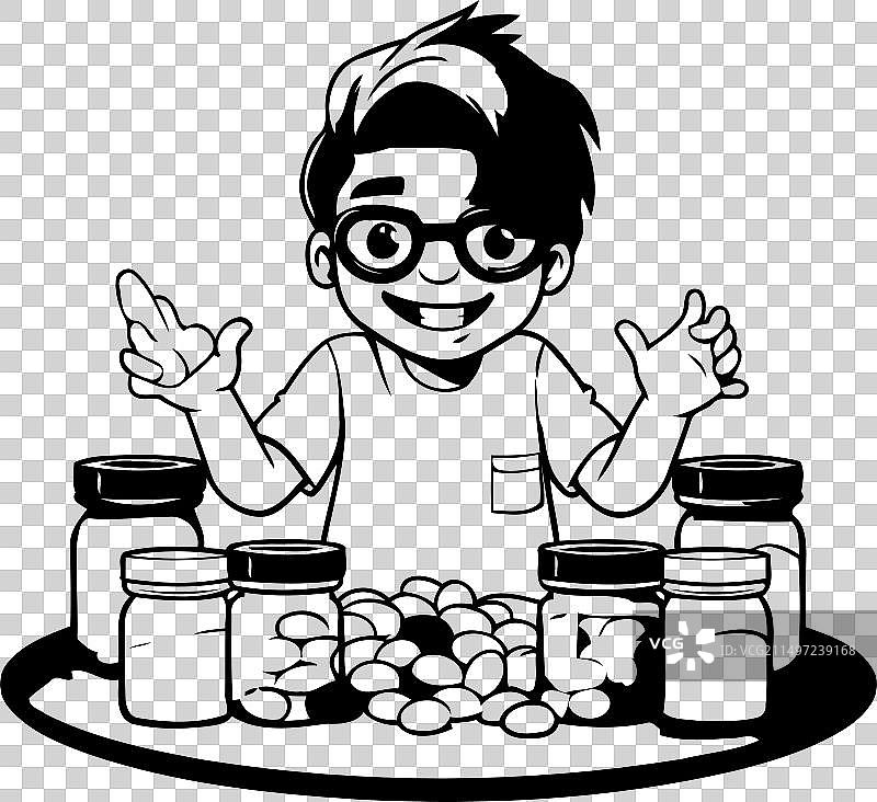 戴眼镜拿着糖果罐的可爱男孩卡通图片素材