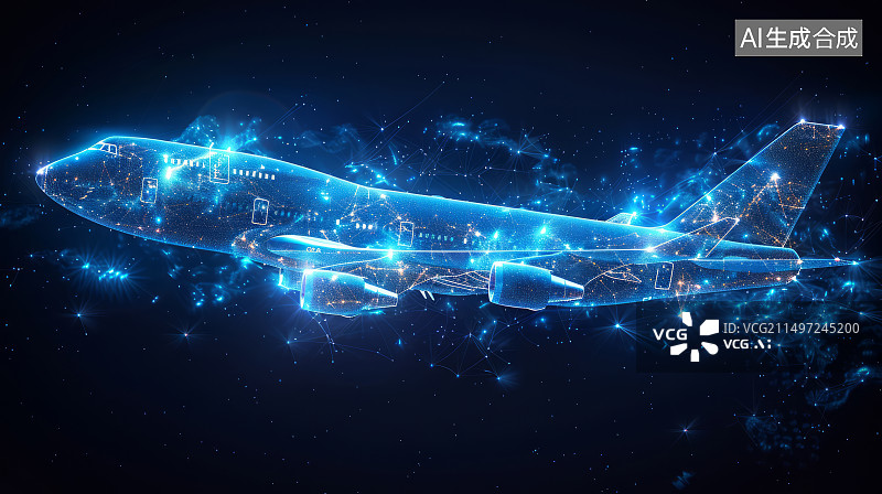 【AI数字艺术】3D渲染科技抽象数字粒子组成的飞机，科学生产力概念图片素材
