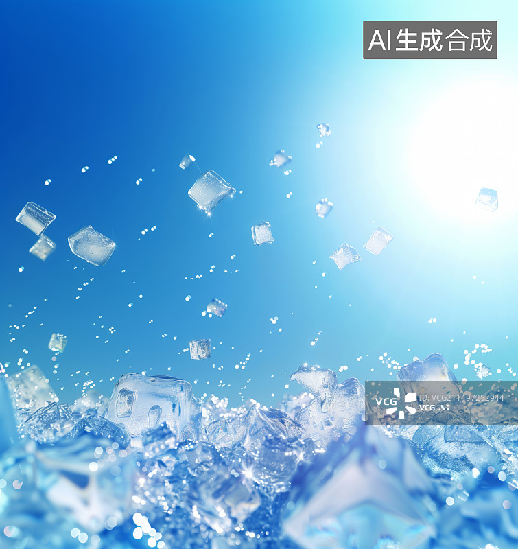 【AI数字艺术】蓝色背景前飞溅起的方形冰块图片素材