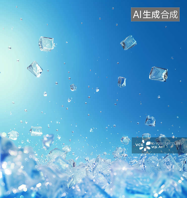 【AI数字艺术】蓝色背景前飞溅起的方形冰块图片素材