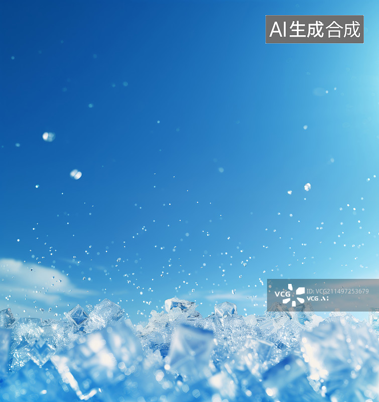 【AI数字艺术】蓝色背景前堆放的冰块和飞溅起的水花图片素材