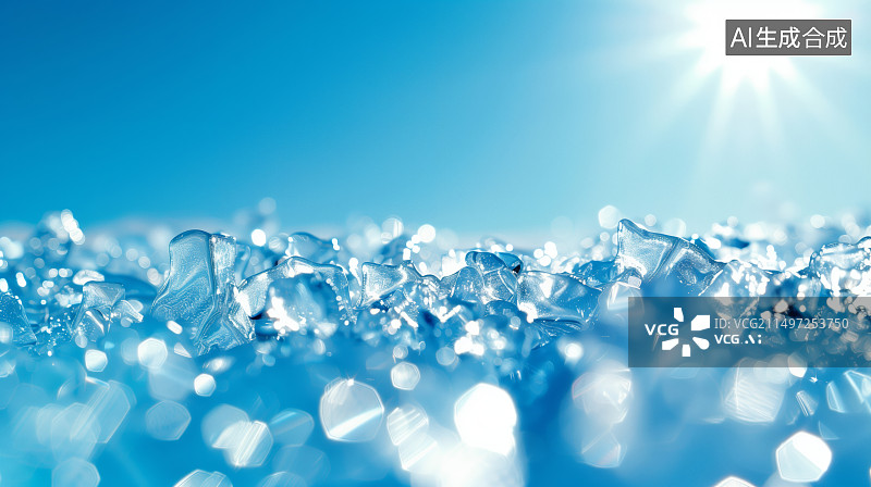 【AI数字艺术】蓝色背景前的冰块，冰镇饮料广告背景图图片素材