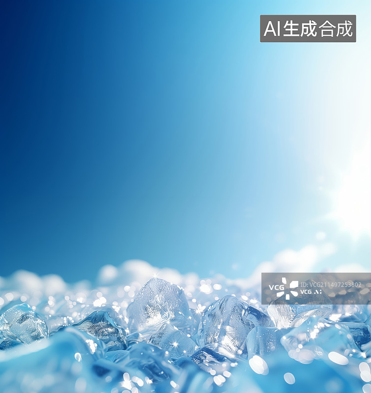 【AI数字艺术】蓝色背景前的冰块，冰镇饮料广告背景图图片素材