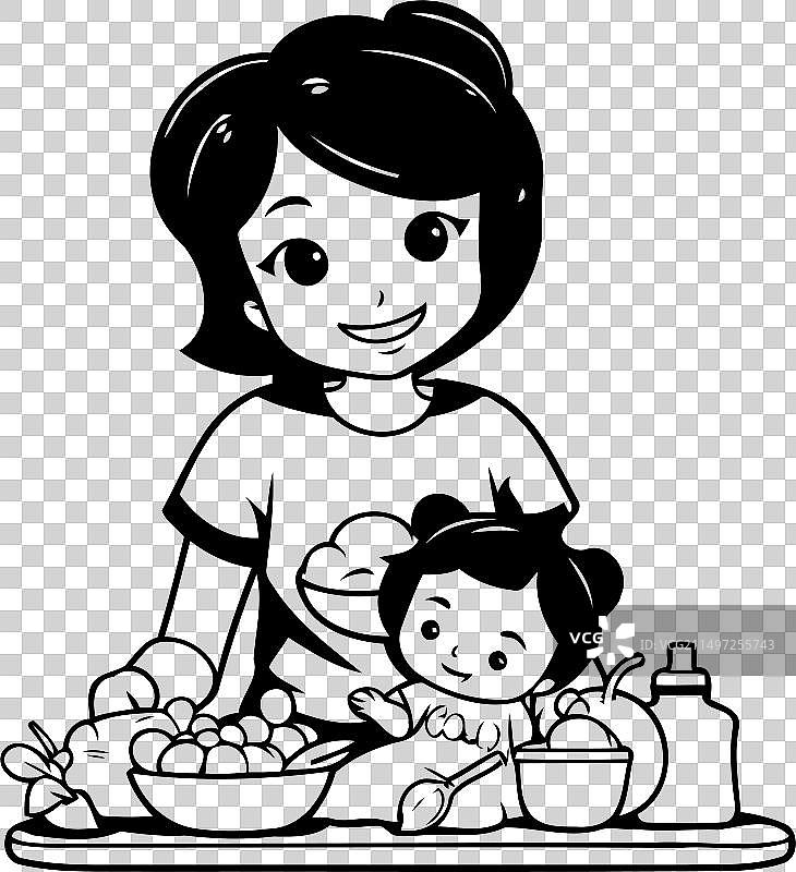 母女一起烹饪健康食品图片素材